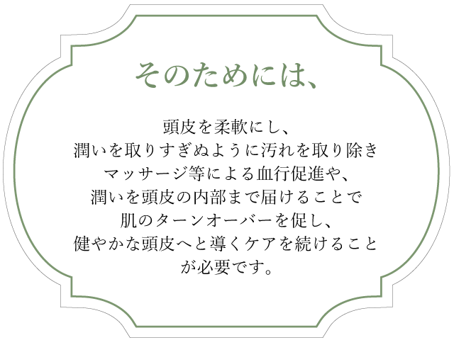 そのためには、 - 頭皮を柔軟にし、潤いを取りすぎぬように汚れを取り除き
マッサージ等による血行促進や、潤いを頭皮の内部まで届けることで肌のターンオーバーを促し
健やかな頭皮へと導くケアを続けることが必要です。